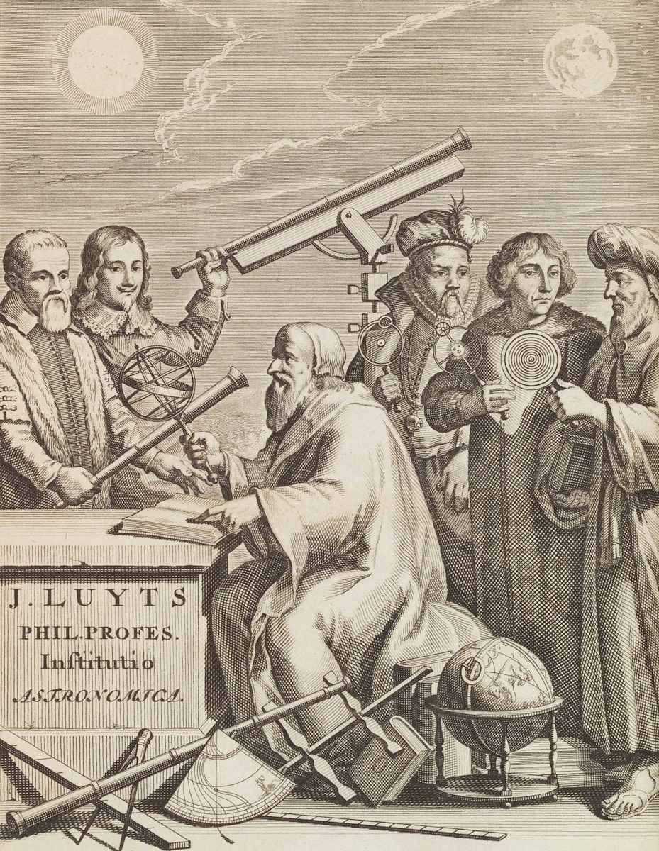Astronomers gathered around a table with celestial charts and instruments.